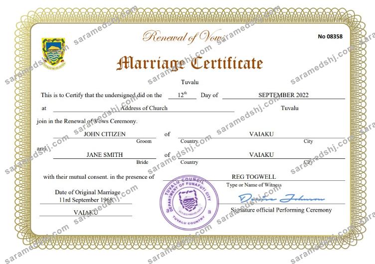 Tuvalu marriage certificate Word and PDF template